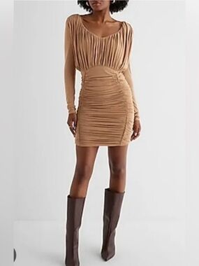 Express Camel Ruched Long-Sleeve Mini Dress